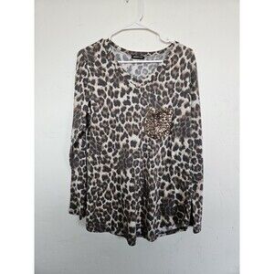 Heimish USA Women's LEOPARD Print Long Sleeve Vneck Shirt With Pocket, Size L